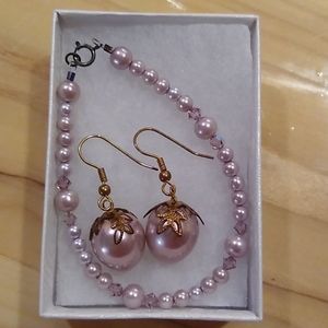 Bracelet earrings pink faux pearl jewelry set